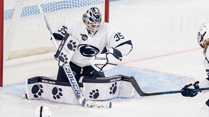 Penn State women's hockey goaltender Katie DeSa made 15 saves for her 15th career shutout to help lead a 3-0 victory over St. Lawrence. Penn State women's hockey goaltender Katie DeSa made 15 saves for her 15th career shutout to help lead a 3-0 victory over St. Lawrence.