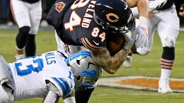 Former Detroit Lions safety Jalen Mills (13) tackles Chicago Bears tight end Colston Loveland (84) Former Detroit Lions safety Jalen Mills (13) tackles Chicago Bears tight end Colston Loveland (84)