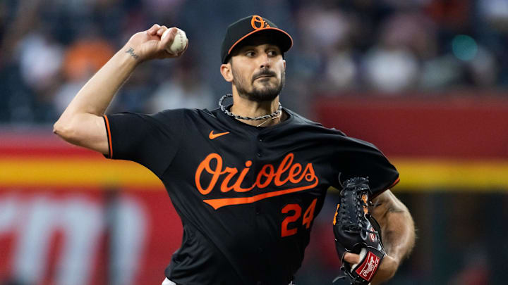 Apr 7, 2025; Phoenix, Arizona, USA; Baltimore Orioles pitcher Zach Eflin in the first inning against the Arizona Diamondbacks at Chase Field. 