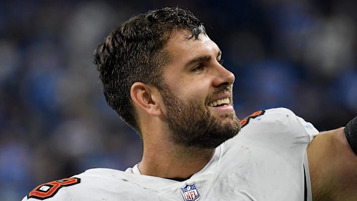 Sep 15, 2024; Detroit, Michigan, USA; Tampa Bay Buccaneers tight end Cade Otton (88) smiles after their game against the Detroit Lions at Ford Field. Mandatory Credit: Eamon Horwedel-Imagn Images Sep 15, 2024; Detroit, Michigan, USA; Tampa Bay Buccaneers tight end Cade Otton (88) smiles after their game against the Detroit Lions at Ford Field. Mandatory Credit: Eamon Horwedel-Imagn Images