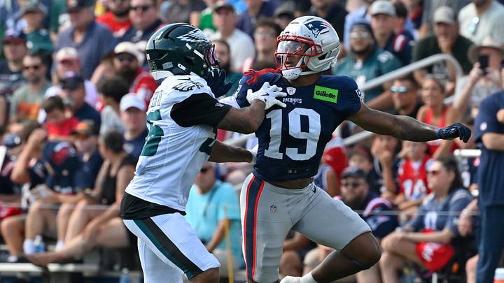 Aug 19, 2026; Foxborough, Massachusetts, USA; Philadelphia Eagles defensive back Michael Carter (35) defends against New England Patriots wide receiver Kobe Prentice (19) during training camp at Gillette Stadium. Mandatory Credit: Eric Canha-Imagn Images Aug 19, 2026; Foxborough, Massachusetts, USA; Philadelphia Eagles defensive back Michael Carter (35) defends against New England Patriots wide receiver Kobe Prentice (19) during training camp at Gillette Stadium. Mandatory Credit: Eric Canha-Imagn Images