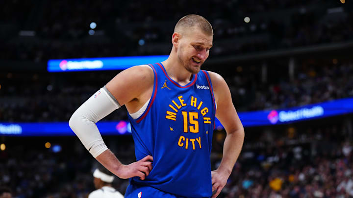 Apr 20, 2026; Denver, Colorado, USA; Denver Nuggets center Nikola Jokic (15) reacts in the second quarter against the Minnesota Timberwolves  during game two of the first round of the 2026 NBA Playoffs at Ball Arena.
