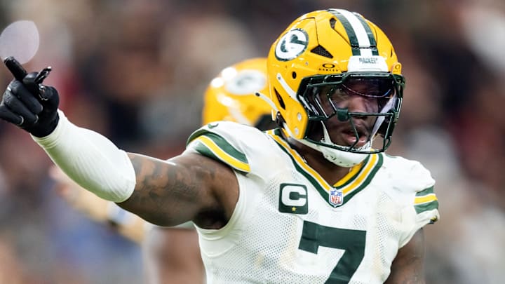 Oct 19, 2025; Glendale, Arizona, USA; Green Bay Packers linebacker Quay Walker (7) against the Arizona Cardinals at State Farm Stadium. Mandatory Credit: Mark J. Rebilas-Imagn Images