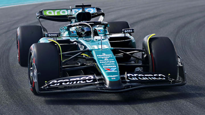 May 4, 2024; Miami Gardens, Florida, USA; Aston Martin driver Lance Stroll (18) during F1 qualifying for Miami Grand Prix at Miami International Autodrome. Mandatory Credit: Peter Casey-USA TODAY Sports