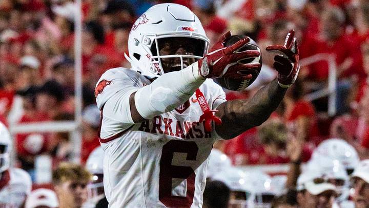 Arkansas Razorbacks wide receiver Chris Marshall celebrates after making a first down against Utah on Saturday, Sept. 12, 2026. Arkansas Razorbacks wide receiver Chris Marshall celebrates after making a first down against Utah on Saturday, Sept. 12, 2026.