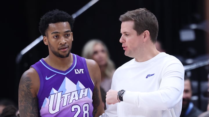 Jan 12, 2025; Salt Lake City, Utah, USA; Utah Jazz forward Brice Sensabaugh (28) and head coach Will Hardy speak during a break in action against the Brooklyn Nets during the second quarter at Delta Center. Mandatory Credit: Rob Gray-Imagn Images