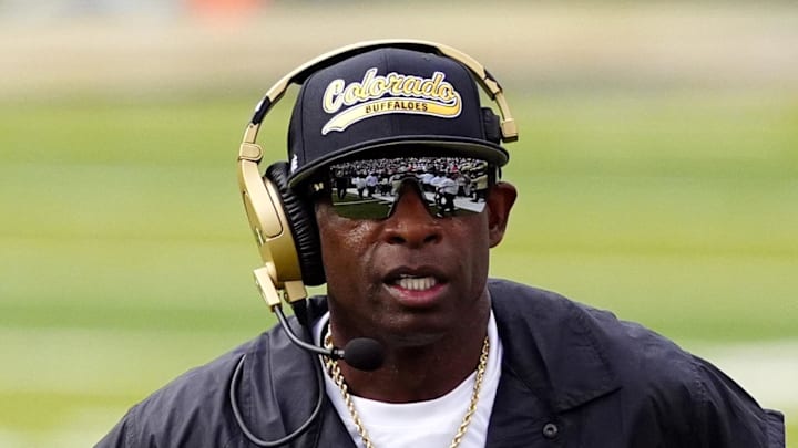 Aug 29, 2025; Boulder, Colorado, USA; Colorado Buffaloes head coach Deion Sanders during the first quarter against the Georgia Tech Yellow Jackets at Folsom Field. Mandatory Credit: Ron Chenoy-Imagn Images Aug 29, 2025; Boulder, Colorado, USA; Colorado Buffaloes head coach Deion Sanders during the first quarter against the Georgia Tech Yellow Jackets at Folsom Field. Mandatory Credit: Ron Chenoy-Imagn Images