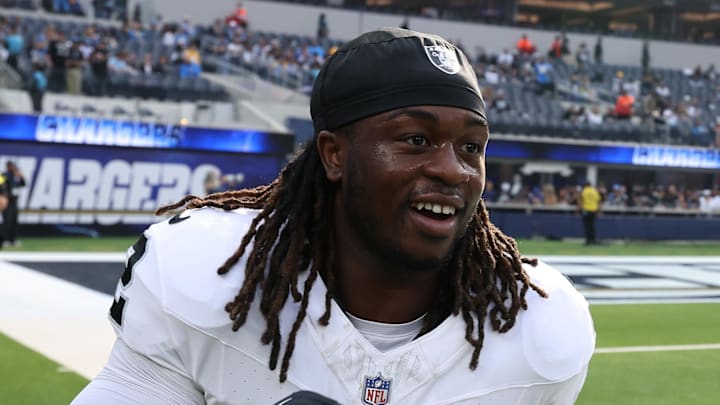 Nov 30, 2025; Inglewood, California, USA; Las Vegas Raiders running back Ashton Jeanty (2) reacts before the game at SoFi Stadium. Mandatory Credit: Kiyoshi Mio-Imagn Images