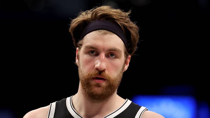 Brooklyn, New York, USA; Brooklyn Nets forward Drew Timme (26) reacts during the third quarter against the Atlanta Hawks at Barclays Center on Apr 10, 2025. Brooklyn, New York, USA; Brooklyn Nets forward Drew Timme (26) reacts during the third quarter against the Atlanta Hawks at Barclays Center on Apr 10, 2025.