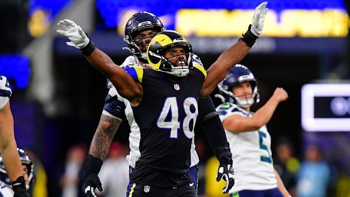 Nov 16, 2025; Inglewood, California, USA; Los Angeles Rams linebacker Omar Speights (48) reacts after Seattle Seahawks place kicker Jason Myers (5) missed a field goal with one second left in the second half at SoFi Stadium. Mandatory Credit: Gary A. Vasquez-Imagn Images