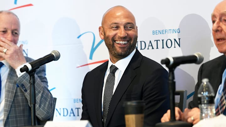MLB Hall of Famer Derek Jeter is flanked by former Buffalo Bills quarterback Jim Kelly and Dick Vitale at last year's 19th Annual Dick Vitale Gala.