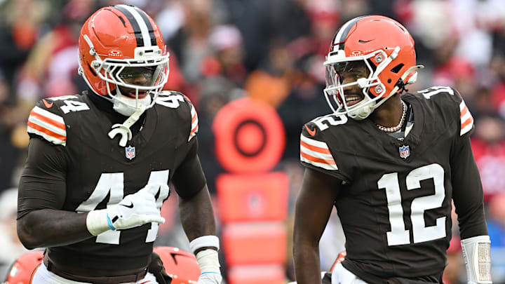 Cleveland Browns rookies Harold Fannin Jr., left, and Shedeur Sanders
