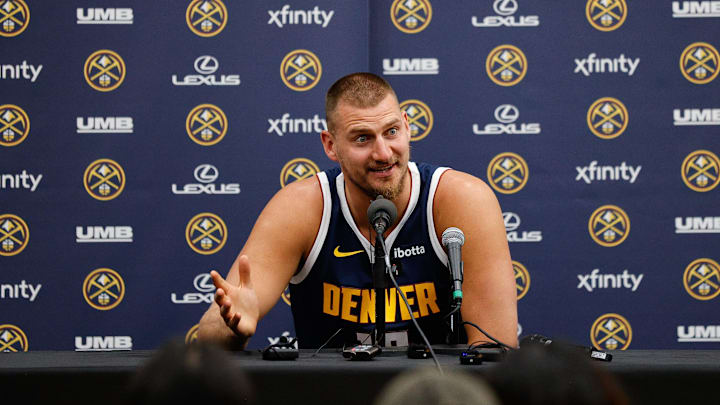 Sep 29, 2025; Denver, CO, USA; Denver Nuggets player Nikola Jokic (15) takes questions during media day at Ball Arena. Mandatory Credit: Isaiah J. Downing-Imagn Images