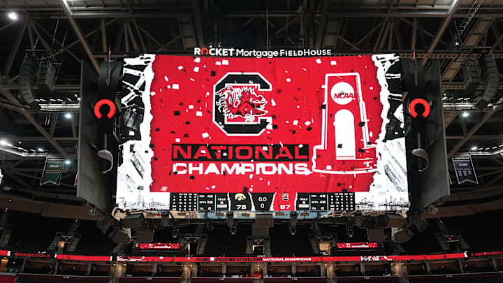 Apr 7, 2024; Cleveland, OH, USA; General view of video board signage after the South Carolina Gamecocks defeated the Iowa Hawkeyes in the finals of the Final Four of the womens 2024 NCAA Tournament at Rocket Mortgage FieldHouse. Mandatory Credit: Kirby Lee-Imagn Images