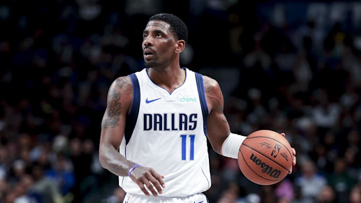 Feb 27, 2025; Dallas, Texas, USA;  Dallas Mavericks guard Kyrie Irving (11) controls the ball against the Charlotte Hornets during the second half at American Airlines Center. Mandatory Credit: Kevin Jairaj-Imagn Images