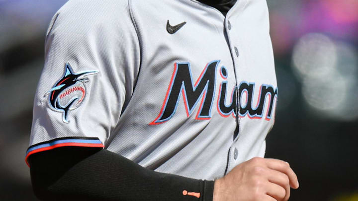 Apr 9, 2025; New York City, New York, USA; Miami Marlins catcher Nick Fortes (4) during a game against the New York Mets at Citi Field. Mandatory Credit: John Jones-Imagn Images
