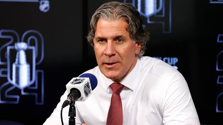 Apr 30, 2024; Winnipeg, Manitoba, CAN; Colorado Avalanche head coach Jared Bednar talks to media after their victory over the Winnipeg Jets in game five of the first round of the 2024 Stanley Cup Playoffs at Canada Life Centre. Mandatory Credit: James Carey Lauder-USA TODAY Sports