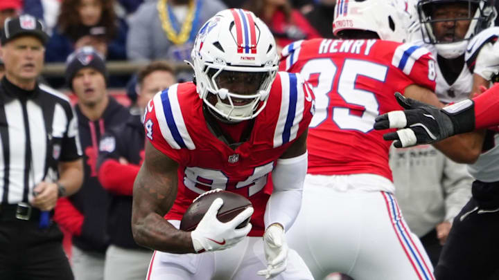 Oct 13, 2024; Foxborough, Massachusetts, USA; New England Patriots wide receiver Kendrick Bourne (84) makes a catch against the Houston Texans during the second half at Gillette Stadium. Mandatory Credit: Gregory Fisher-Imagn Images