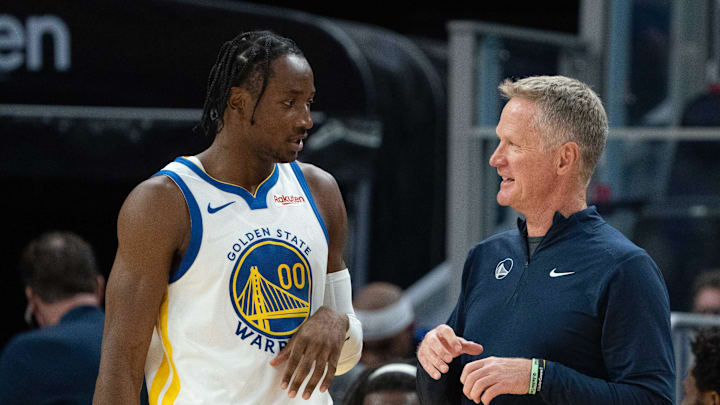October 20, 2023; San Francisco, California, USA; Golden State Warriors head coach Steve Kerr (right) talks to forward Jonathan Kuminga (00) during the third quarter against the San Antonio Spurs at Chase Center. Mandatory Credit: Kyle Terada-Imagn Images October 20, 2023; San Francisco, California, USA; Golden State Warriors head coach Steve Kerr (right) talks to forward Jonathan Kuminga (00) during the third quarter against the San Antonio Spurs at Chase Center. Mandatory Credit: Kyle Terada-Imagn Images