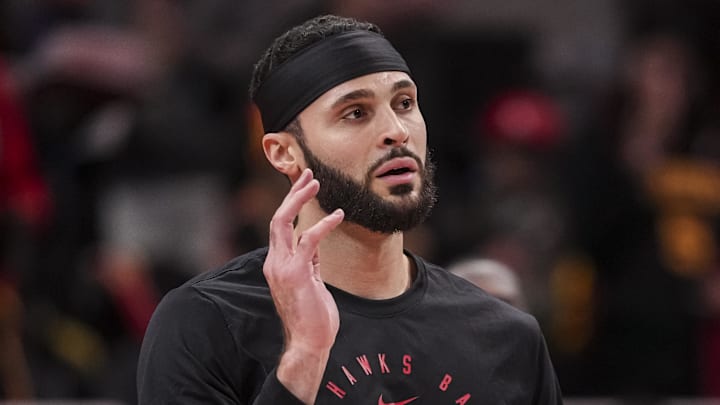 Dec 8, 2024; Atlanta, Georgia, USA; Atlanta Hawks forward Larry Nance Jr. (22) warms up on the court before the game against the Denver Nuggets at State Farm Arena. Mandatory Credit: Dale Zanine-Imagn Images