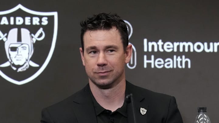Apr 24, 2026; Henderson, NV, USA; Las Vegas Raiders coach Klint Kubiak at press conference at Intermountain Health Performance Center. Mandatory Credit: Kirby Lee-Imagn Images