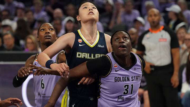 Sep 27, 2026; San Francisco, California, USA; Golden State Valkyries guard-forward Kaila Charles (6) and center Aminata Gueye (31) box out Dallas Wings center Li Yueru (28) in the fourth quarter during game one of the first round for the 2026 WNBA Playoffs at Chase Center. Mandatory Credit: David Gonzales-Imagn Images
