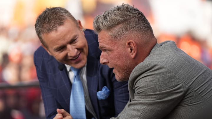Pat McAfee, right, talks to Kirk Herbstreit on the set of ESPN College GameDay prior to the NCAA football game between the Ohio State Buckeyes and the Texas Longhorns at Ohio Stadium on Aug. 30, 2025. Pat McAfee, right, talks to Kirk Herbstreit on the set of ESPN College GameDay prior to the NCAA football game between the Ohio State Buckeyes and the Texas Longhorns at Ohio Stadium on Aug. 30, 2025.
