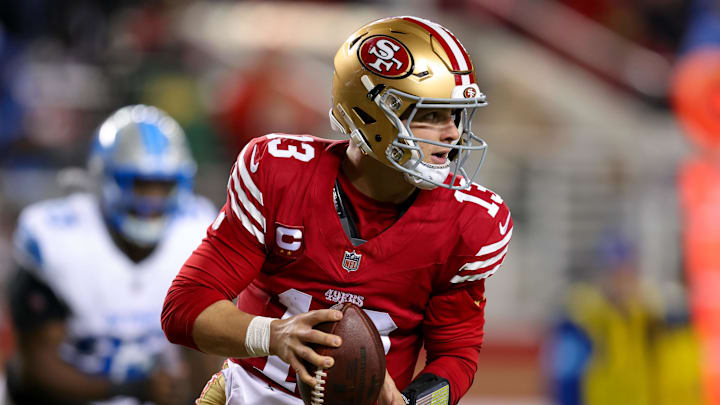San Francisco 49ers quarterback Brock Purdy looks to throw a pass.