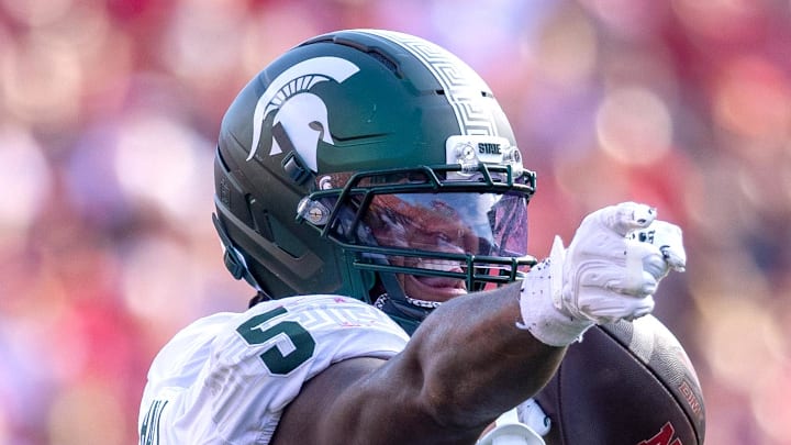 Oct 4, 2025; Lincoln, Nebraska, USA; Michigan State Spartans linebacker Jordan Hall (5) celebrates after an interception during the game against Nebraska at Memorial Stadium. Mandatory Credit: Kylie Graham-Imagn Images