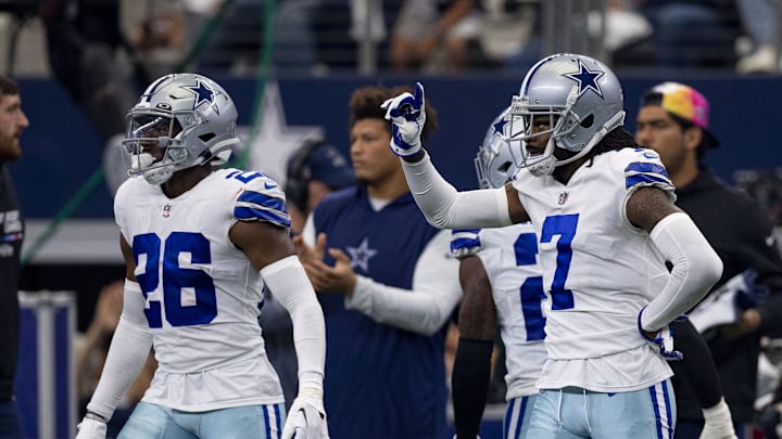 Dallas Cowboys cornerback DaRon Bland and Trevon Diggs during a game against the Washington Commanders at AT&T Stadium 