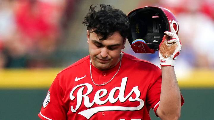 Cincinnati Reds first baseman Sal Stewart (27) walks off