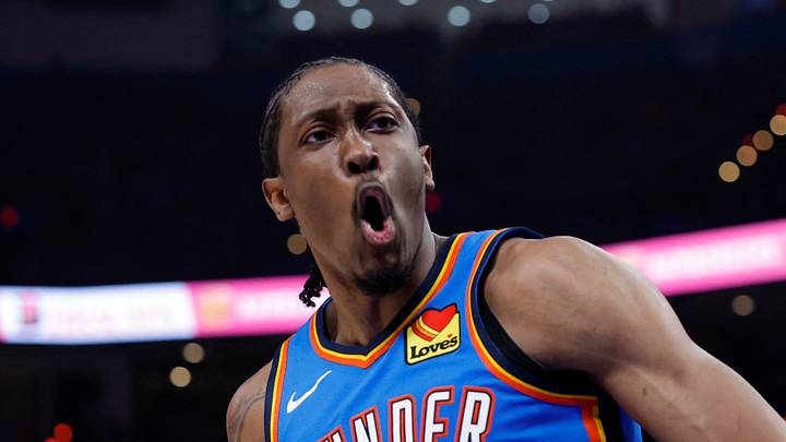 Apr 19, 2026; Oklahoma City, Oklahoma, USA; Oklahoma City Thunder guard Jalen Williams (8) celebrates after scoring against the Phoenix Suns in the second half during game one of the first round of the 2026 NBA Playoffs at Paycom Center. Mandatory Credit: Alonzo Adams-Imagn Images Apr 19, 2026; Oklahoma City, Oklahoma, USA; Oklahoma City Thunder guard Jalen Williams (8) celebrates after scoring against the Phoenix Suns in the second half during game one of the first round of the 2026 NBA Playoffs at Paycom Center. Mandatory Credit: Alonzo Adams-Imagn Images