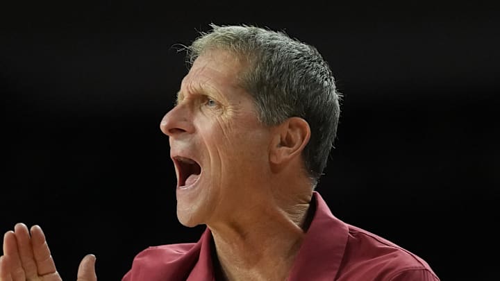 Jan 31, 2026; Los Angeles, California, USA; Southern California Trojans head coach Eric Musselman reacts against the Rutgers Scarlet Knights in the second half at Galen Center. Mandatory Credit: Kirby Lee-Imagn Images Jan 31, 2026; Los Angeles, California, USA; Southern California Trojans head coach Eric Musselman reacts against the Rutgers Scarlet Knights in the second half at Galen Center. Mandatory Credit: Kirby Lee-Imagn Images