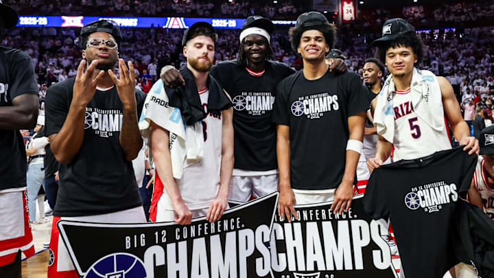 Mar 2, 2026; Tucson, Arizona, USA; The Arizona Wildcats celebrate after they defeat the Iowa State Cyclones   at McKale Memorial Center. Mandatory Credit: Aryanna Frank-Imagn Images