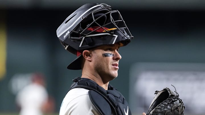Sep 23, 2025; Phoenix, Arizona, USA; Arizona Diamondbacks catcher James McCann against the Los Angeles Dodgers at Chase Field. Mandatory Credit: Mark J. Rebilas-Imagn Images
