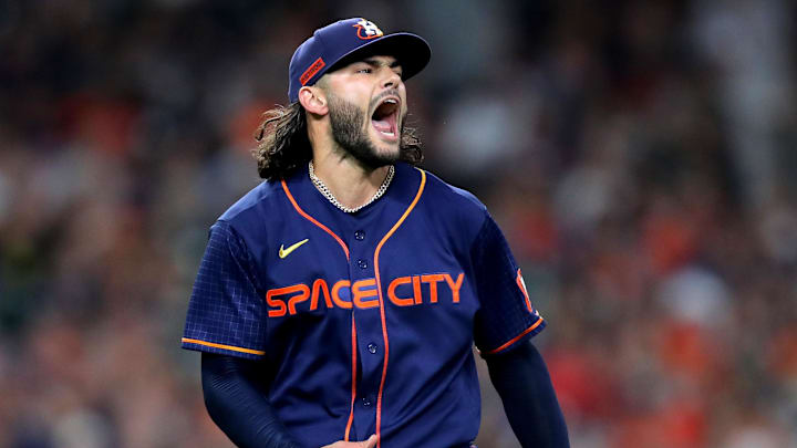 Oct 3, 2022; Houston, Texas, USA; Houston Astros starting pitcher Lance McCullers Jr. (43) reacts after a strikeout against the Philadelphia Phillies during the sixth inning at Minute Maid Park.