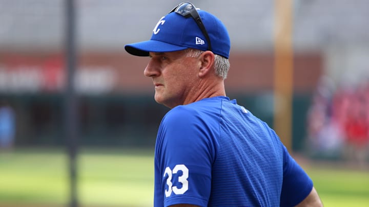 Mar 27, 2026; Atlanta, Georgia, USA; Kansas City Royals manager Matt Quatraro (33) during batting practice before a game against the Atlanta Braves on opening day at Truist Park. Mandatory Credit: Brett Davis-Imagn Images Mar 27, 2026; Atlanta, Georgia, USA; Kansas City Royals manager Matt Quatraro (33) during batting practice before a game against the Atlanta Braves on opening day at Truist Park. Mandatory Credit: Brett Davis-Imagn Images