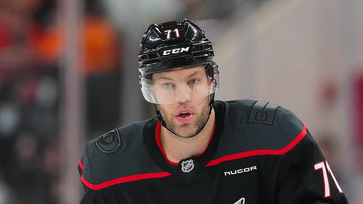 May 4, 2026; Raleigh, North Carolina, USA; Carolina Hurricanes left wing Taylor Hall (71) skates against the Carolina Hurricanes during the second period in game two of the second round of the 2026 Stanley Cup Playoffs at Lenovo Center. Mandatory Credit: James Guillory-Imagn Images