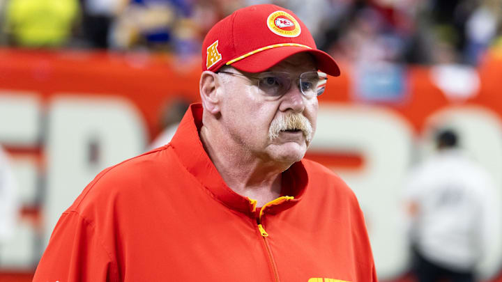 Feb 9, 2025; New Orleans, LA, USA;  Kansas City Chiefs head coach Andy Reid against the Philadelphia Eagles in Super Bowl LIX at Ceasars Superdome. Mandatory Credit: Mark J. Rebilas-Imagn Images