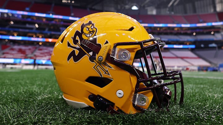Jan 1, 2025; Atlanta, GA, USA; A detail view of an Arizona State Sun Devils helmet before the Peach Bowl at Mercedes-Benz Stadium. Mandatory Credit: Brett Davis-Imagn Images