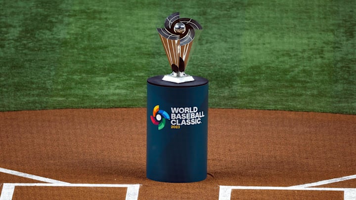 Mar 21, 2023; Miami, Florida, USA; The World Baseball Classic trophy waits to be presented after Japan defeated the USA in the World Baseball Classic at LoanDepot Park. Mandatory Credit: Rhona Wise-Imagn Images