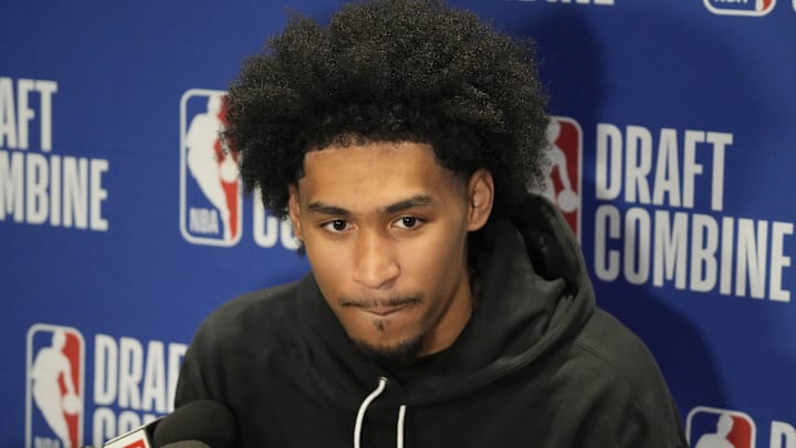 May 14, 2025; Chicago, Il, USA; Dylan Harper talks to the media during the 2025 NBA Draft Combine at Marriott Marquis Chicago. Mandatory Credit: David Banks-Imagn Images