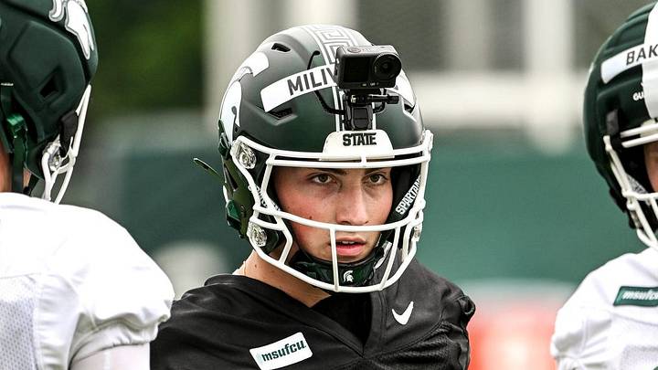 Michigan State quarterback Alessio Milivojevic looks on during football practice on Thursday, Aug. 6, 2026, in East Lansing.