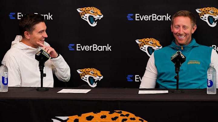 Jaguars General Manager James Gladstone, left and head coach Liam Coen joked when asked how Executive Vice President of Football Operations Tony Boselli effects their draft picks during the Jacksonville Jaguars’ annual pre-draft luncheon press conference in the media room at the Miller Electric Center Thursday April 9, 2026 in Jacksonville, Fla. [Doug Engle/Florida Times-Union]