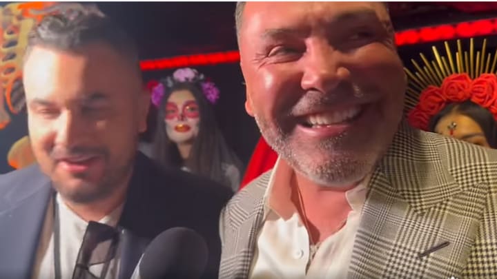 Oscar De La Hoya speaking at an interview 