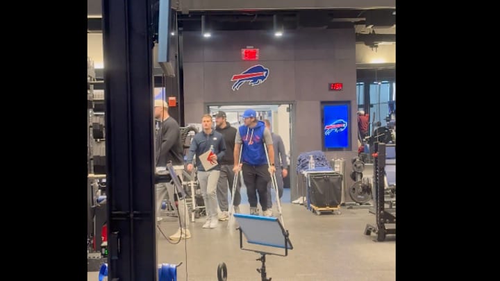 Bills quarterback Josh Allen was seen on crutches at Joe Brady’s press conference. 