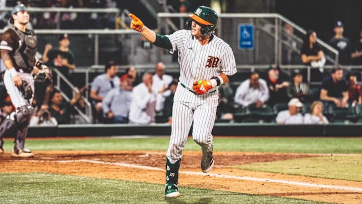 Miami catcher Alex Sosa is smashing a home run against Lehigh during opening weekend