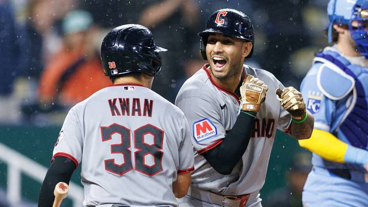 Sep 25, 2026; Kansas City, Missouri, USA; Cleveland Guardians shortstop Brayan Rocchio (4) celebrates after scoring with Cleveland Guardians left fielder Steven Kwan (38) during the ninth inning against the Kansas City Royals at Kauffman Stadium. Mandatory Credit: William Purnell-Imagn Images Sep 25, 2026; Kansas City, Missouri, USA; Cleveland Guardians shortstop Brayan Rocchio (4) celebrates after scoring with Cleveland Guardians left fielder Steven Kwan (38) during the ninth inning against the Kansas City Royals at Kauffman Stadium. Mandatory Credit: William Purnell-Imagn Images
