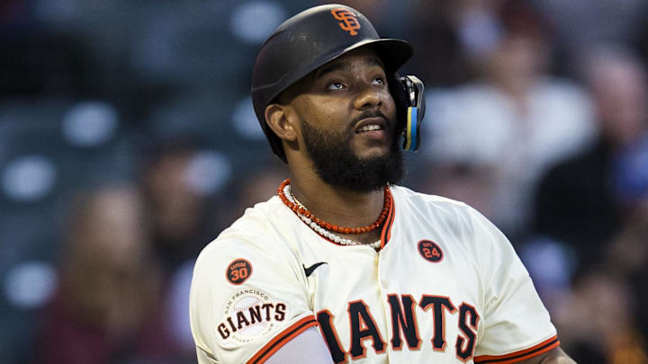 Sep 11, 2024; San Francisco, California, USA; San Francisco Giants designated hitter Jerar Encarnacion (59) hits a two-run home run against the Milwaukee Brewers during the first inning at Oracle Park