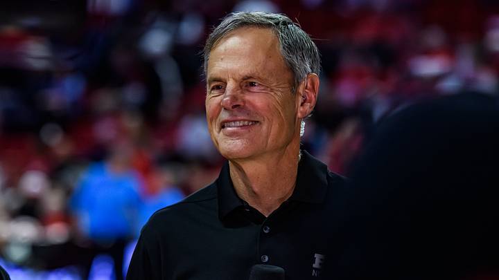 Newly retired John Cook smiles while on-air as an analyst for the Big Ten Network’s broadcast. Newly retired John Cook smiles while on-air as an analyst for the Big Ten Network’s broadcast.